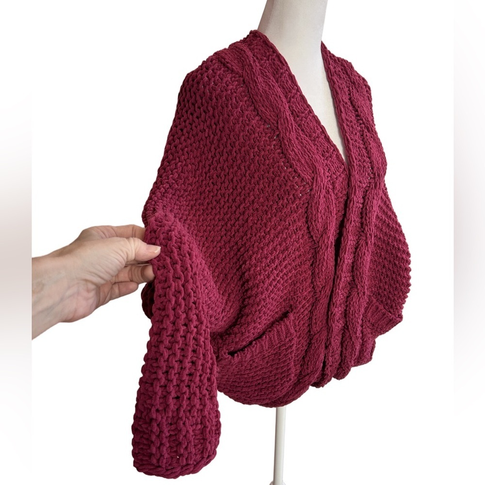 Pink Lily Chunky CableKnit Cardigan Maroon Burgundy Open Front slouchy Sweater S